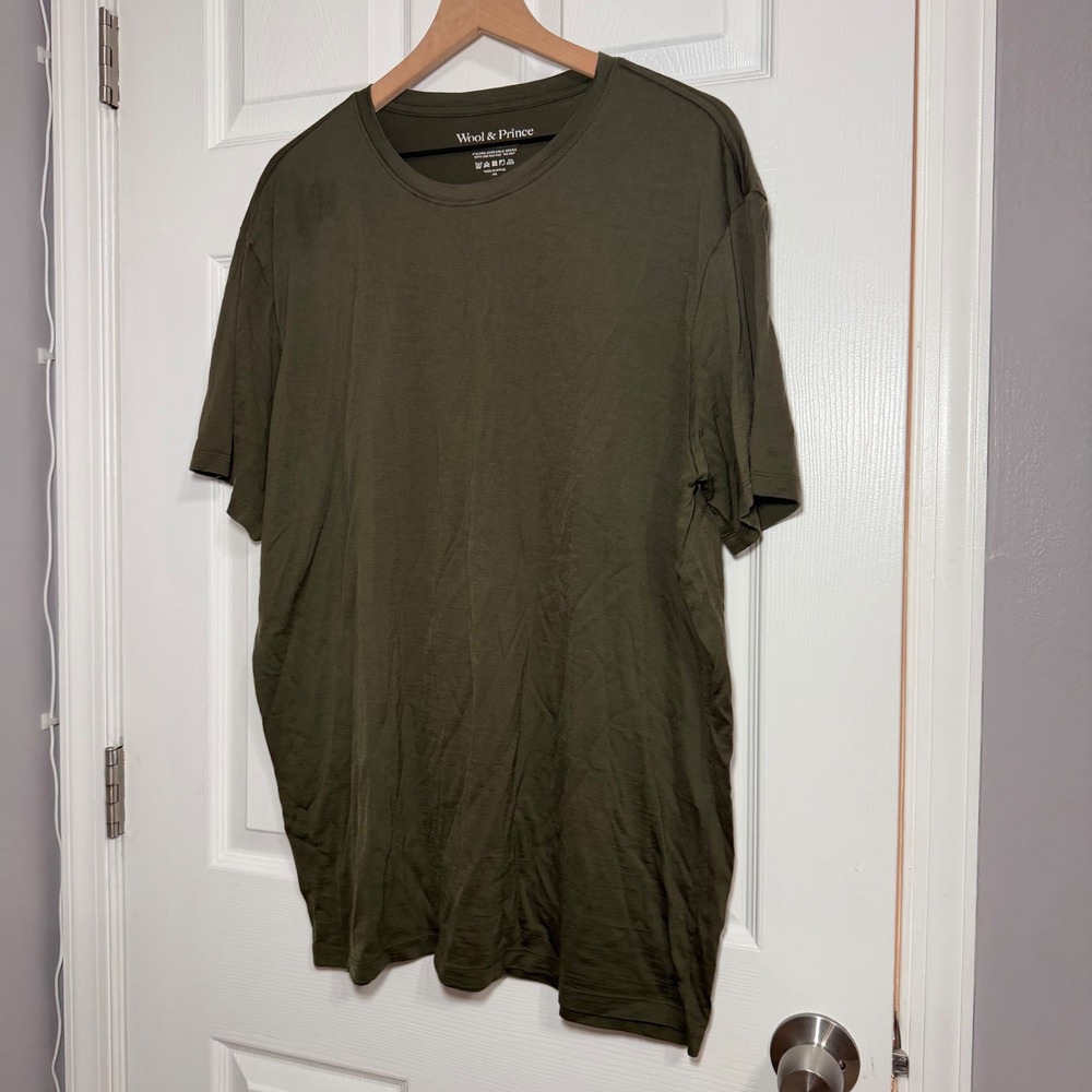 Wool & Prince Merino Wool Blend T-Shirt Mens XXL Olive Green Crew Neck Tee